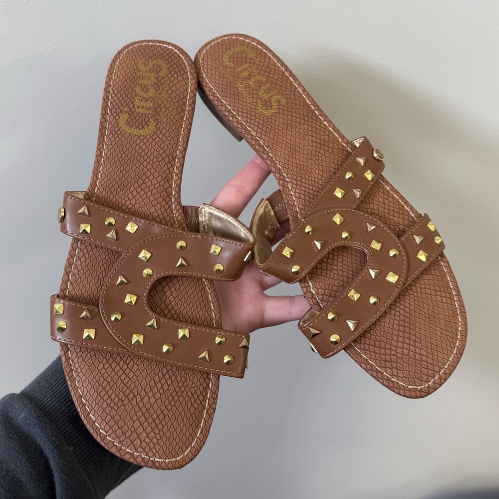 Sam Edelman brown gold studded slip on summer sandals